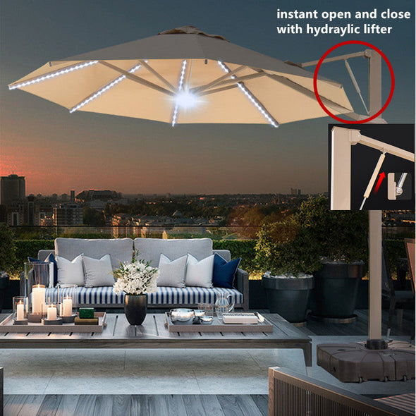 Hydraulic Instant Open and Close 360 Degree Rotating Fully Aluminum Alloy Patio Umbrella with LED Light and Water Sand Tank Base