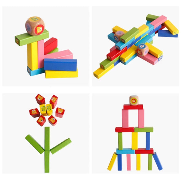 54Pcs Wooden Building Blocks Toy Cartoon Animal Colorful Rainbow Domino Stacking Tower Creative Board Games for Children Baby