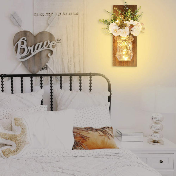 Mason Jars Sconce with Artificial Flowers and LED Strip Lights Design  (Set of 2)