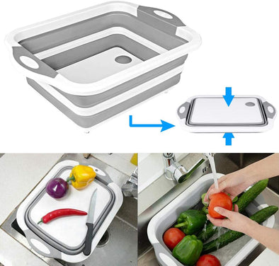 Collapsible Cutting Board with Colander - Foldable Multi-function Kitchen Plastic Silicone Dish Tub