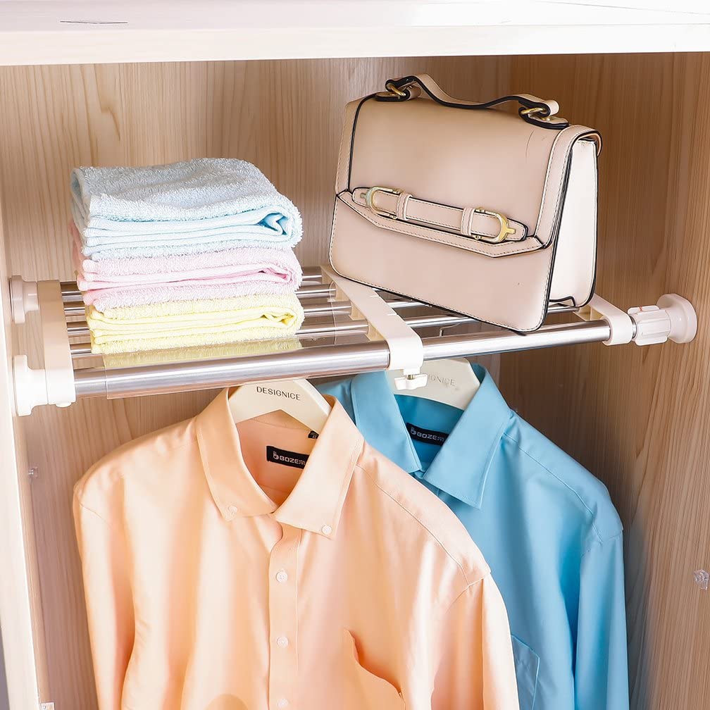 Tension Rack Expandable Closet Tension Shelf Storage Rack for Wardrobe, Kitchen, Ba ...
