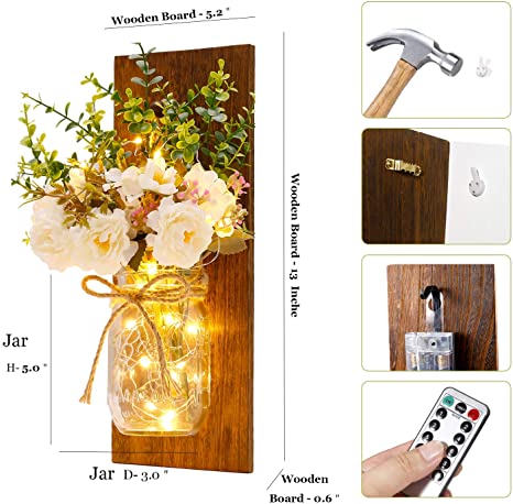 Mason Jars Sconce with Artificial Flowers and LED Strip Lights Design  (Set of 2)