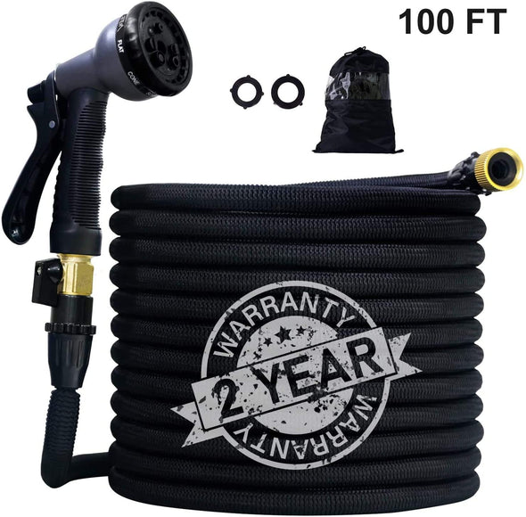 100ft Expandable Garden Hose with Triple Latex Core+On/Off Valve+3/4" Connectors+8 Pattern Spray and Storage Sack