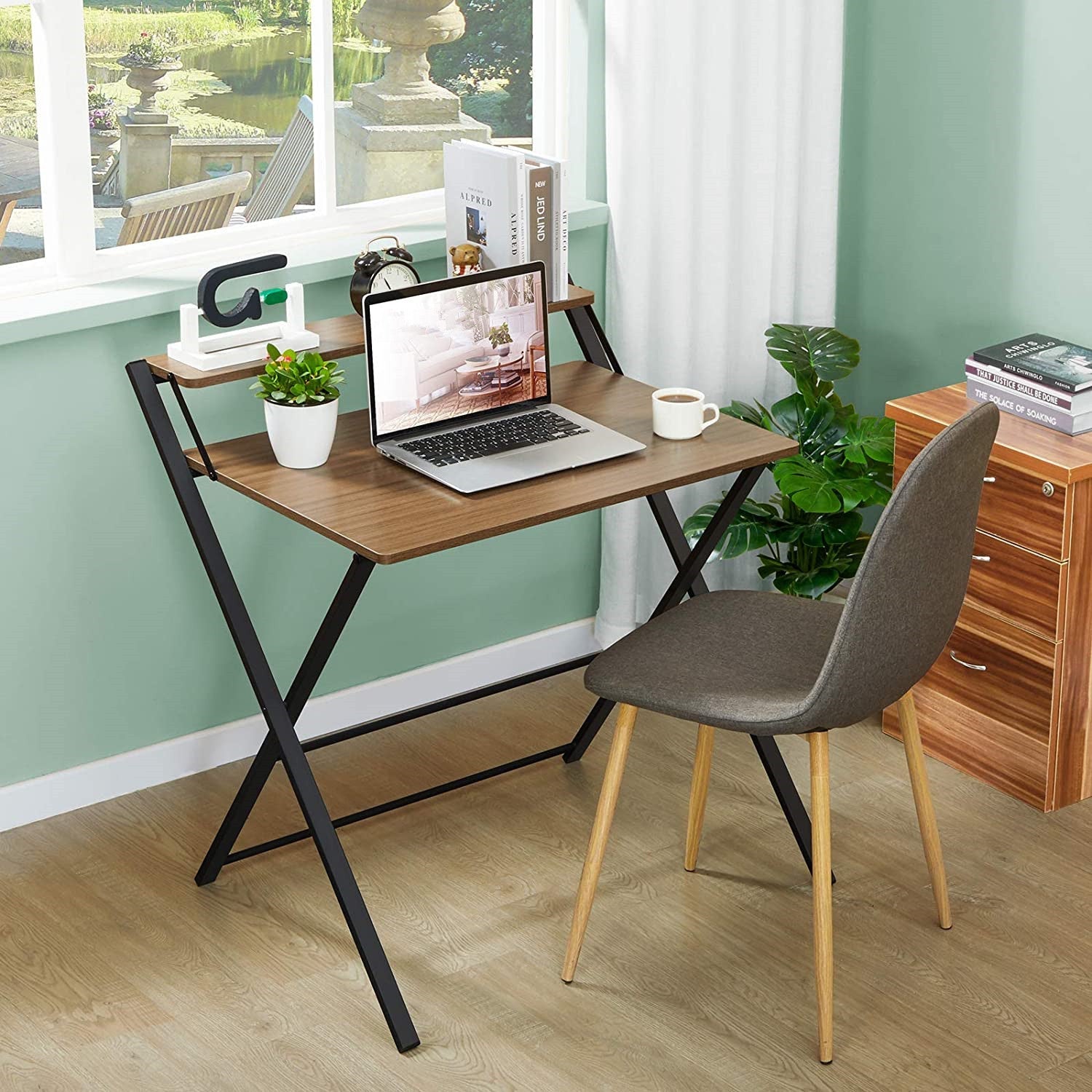Table Pliante Bureau Ordinateur 80x45 Cm - Style Industriel Bois & Métal Blanc, Table Étude Portable Avec Étagères, Parfait Pour Petits Espaces