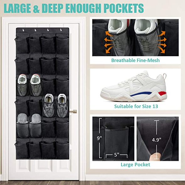 2 Pack Over the Door Shoe Organizers with 24 Durable Large Thickened Mesh Pockets for Closet Bathroom Bedroom Pantry