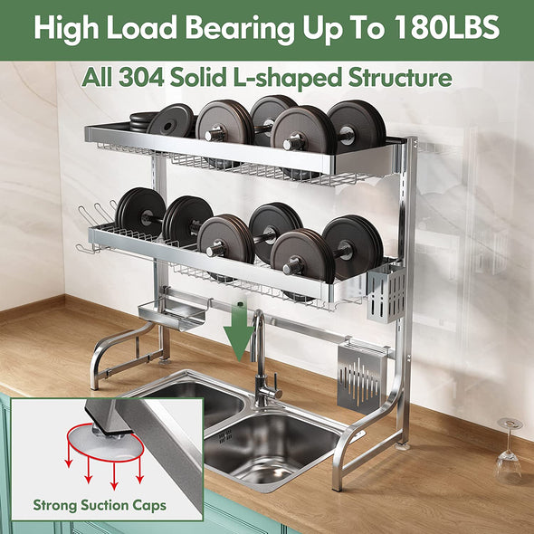 Adjustable (25.6"-35.5") Large 3 Tier Over Sink Full 304 Stainless Steel Dish Drying Rack