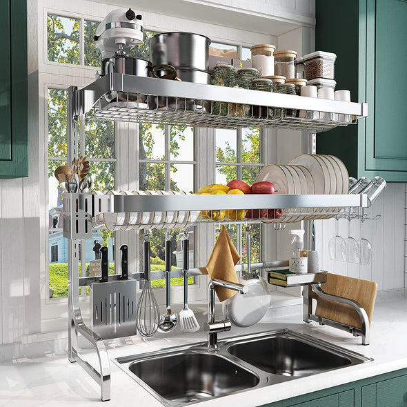 stainless steel dish drying rack over the sink