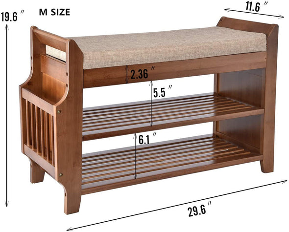 Bamboo 2 Tier Shoe Rack Bench with Removable Cushion and Invisible Drawer and Side Umbrella Storage Stand