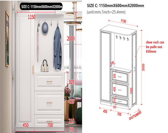 Multifunction Entryway Hall Tree with Slide Out Shoe Rack and Single Door Wardrobe