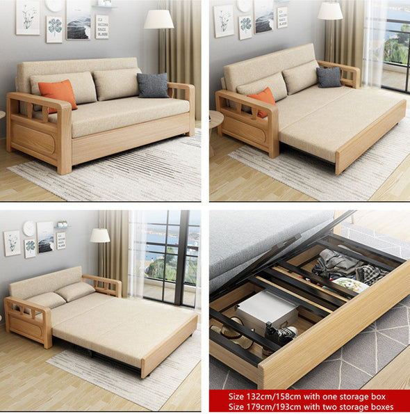 wood sofa bed foldable multifunctional with storage-natural color frame