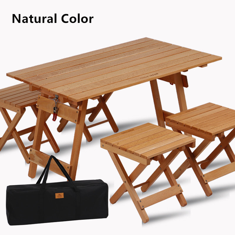 Outdoor Camping Folding Solid Wood Table With Folding Chairs Set