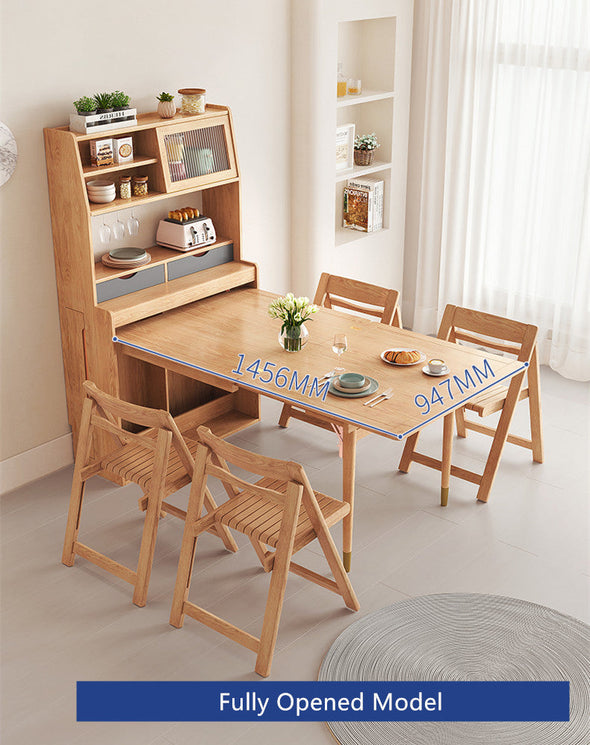 Solid Wood Folding Multifunctional Dining Table with Cabinet and Folding Chairs