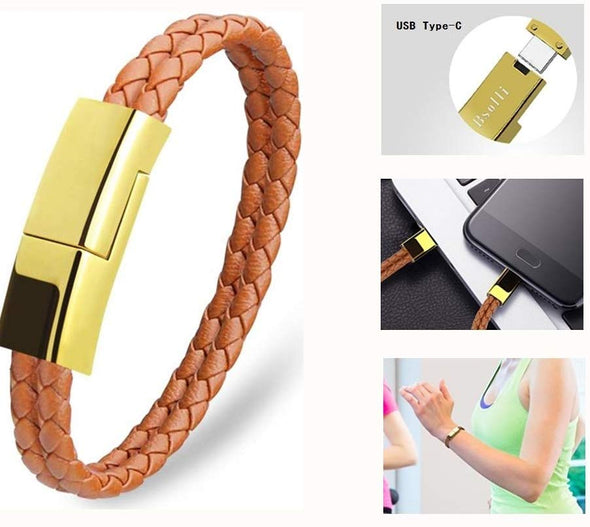 Portable Charging Cable Bracelet For iPhone/Android/Type C-Brown
