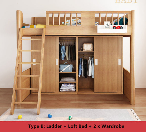 Loft  Bed with Wardrobe and Book Shelf and Desk