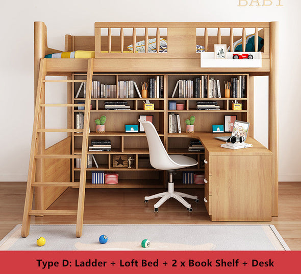 Loft  Bed with Wardrobe and Book Shelf and Desk
