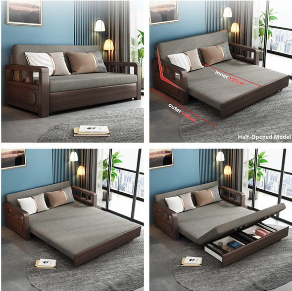wood sofa bed foldable multifunctional with storage-walnut