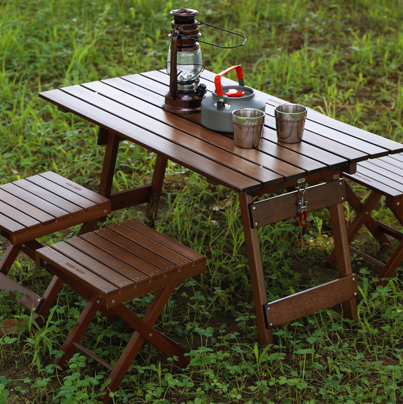 Outdoor Camping Folding Solid Wood Table With Folding Chairs Set
